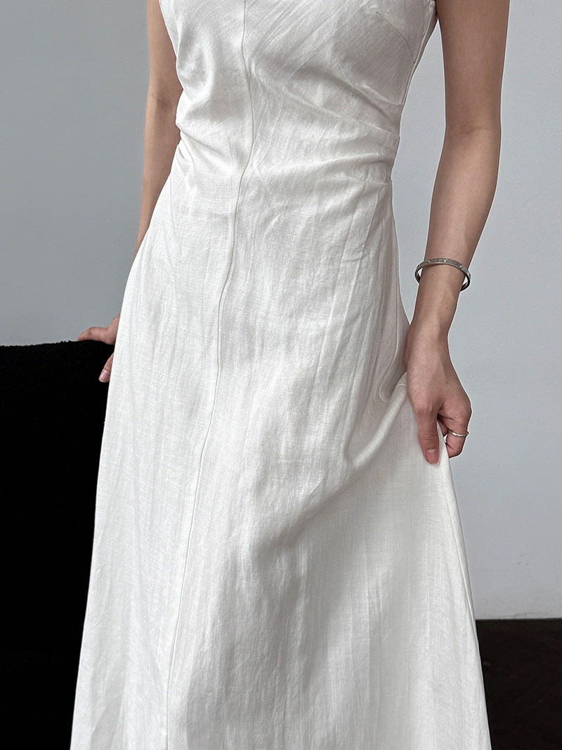 White flutter sleeve linen maxi dress with open back waist fit