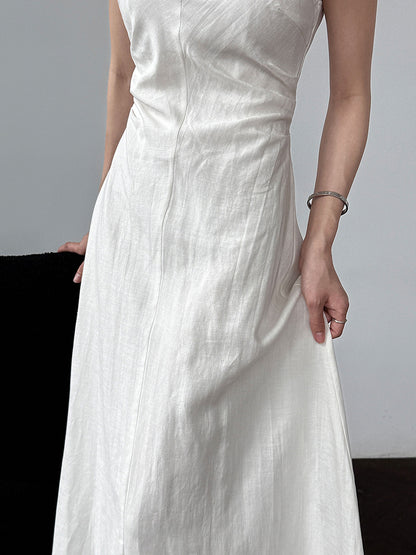 White flutter sleeve linen maxi dress with open back waist fit