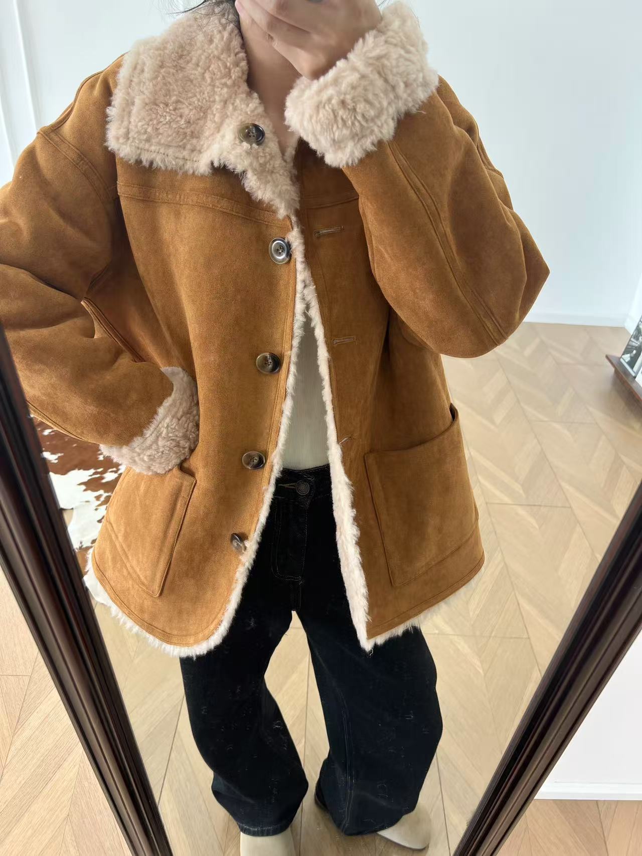 Women Reversible Shearling Wool Coat Winter Fur Jacket