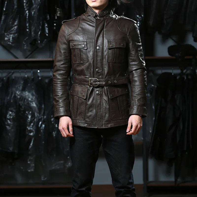 Men Brown Belted Leather Hunting Jacket