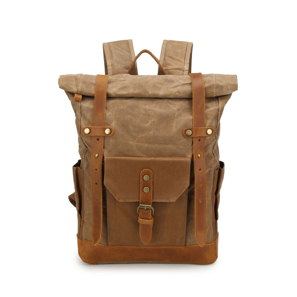 Canvas Backpack with Roll Top, Brown Trim and Organized Storage