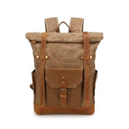 Canvas Backpack with Roll Top, Brown Trim and Organized Storage