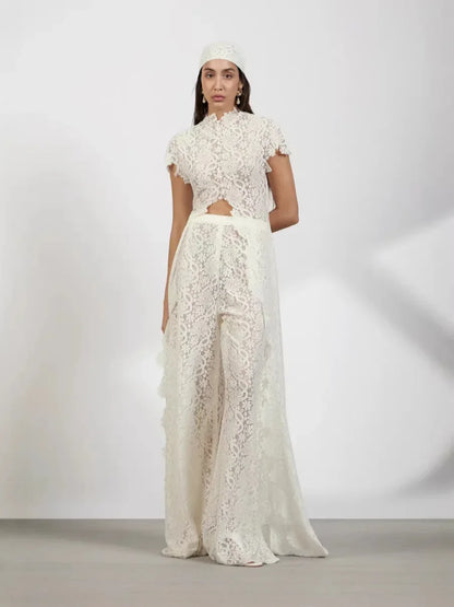 Ivory floral lace straight leg pants set