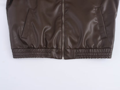 Women Faux Leather Bomber Jacket with Zipper Front