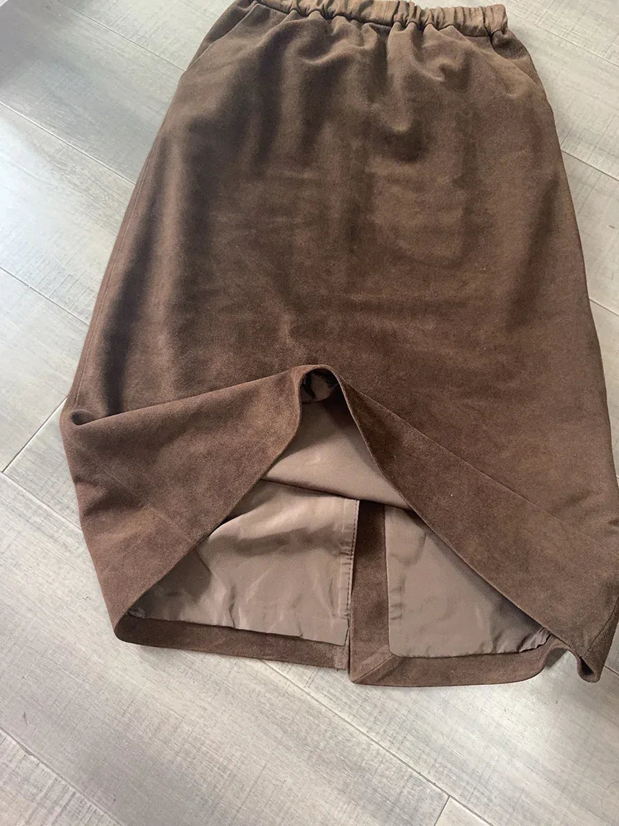Women’s Genuine Suede Midi Skirt High Waist
