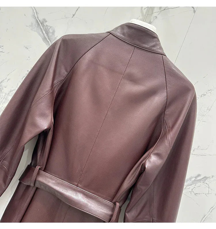 Women sheepskin leather trench coat long belt - Boho Living Room