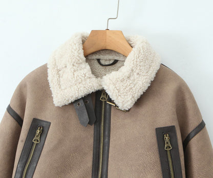 Brown Faux Leather Bomber Jacket for Women with Faux Fur Collar