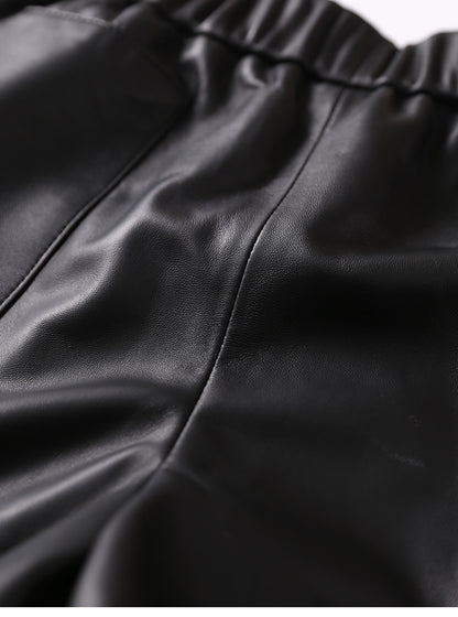 Women’s Genuine Sheepskin Leather High Waist Shorts with Pockets