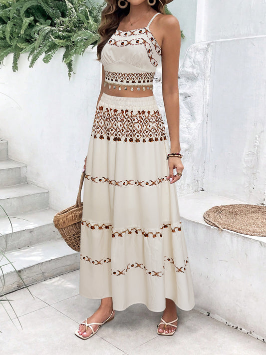 Bohemian Two-Piece Tassel Embroidered Crop Top & Maxi Skirt