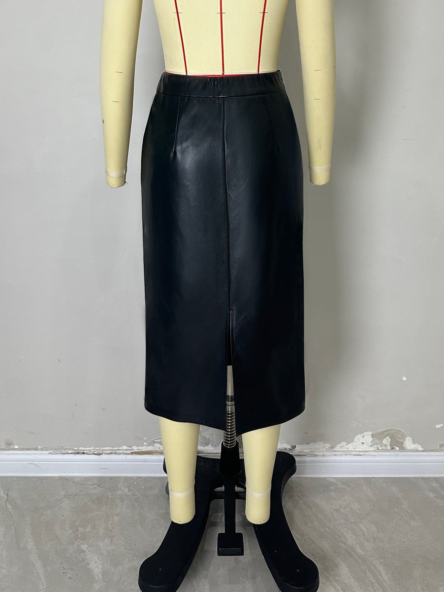 Black PU Leather Midi Skirt with Front Buttons and Pockets