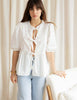 Women Puff Sleeve Bow Button Top Vintage Ruffle Hem Summer Blouse