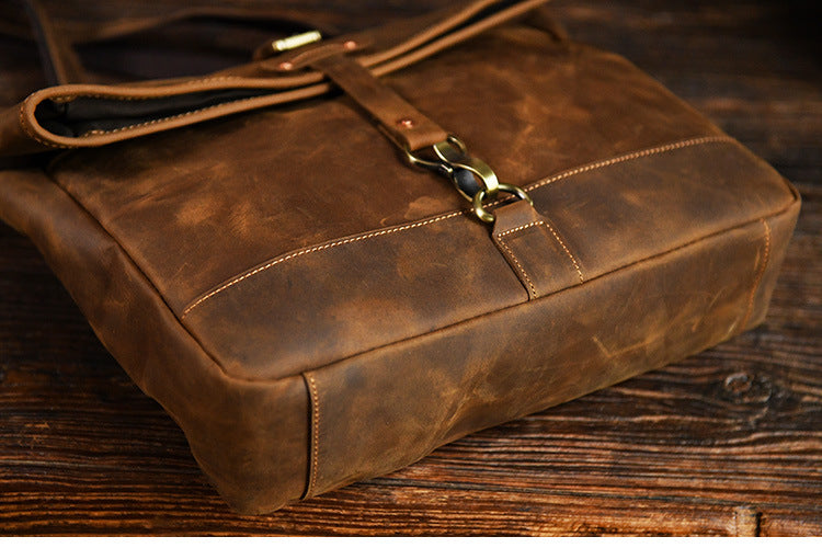 Men’s Crazy Horse Cowhide Leather Motorcycle Messenger Bag