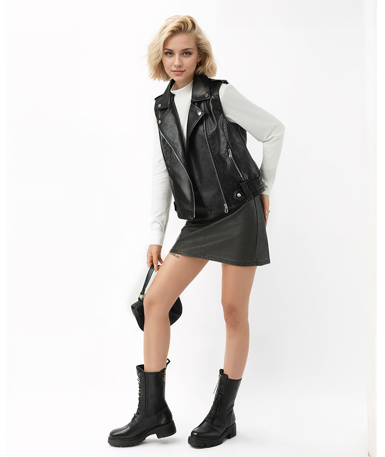 Black Faux Leather Biker Vest for Women