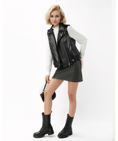 Black Faux Leather Biker Vest for Women