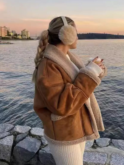 Retro camel shearling lapel winter coat women