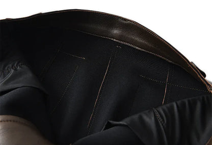 High waisted midi leather skirt with front slit and pockets