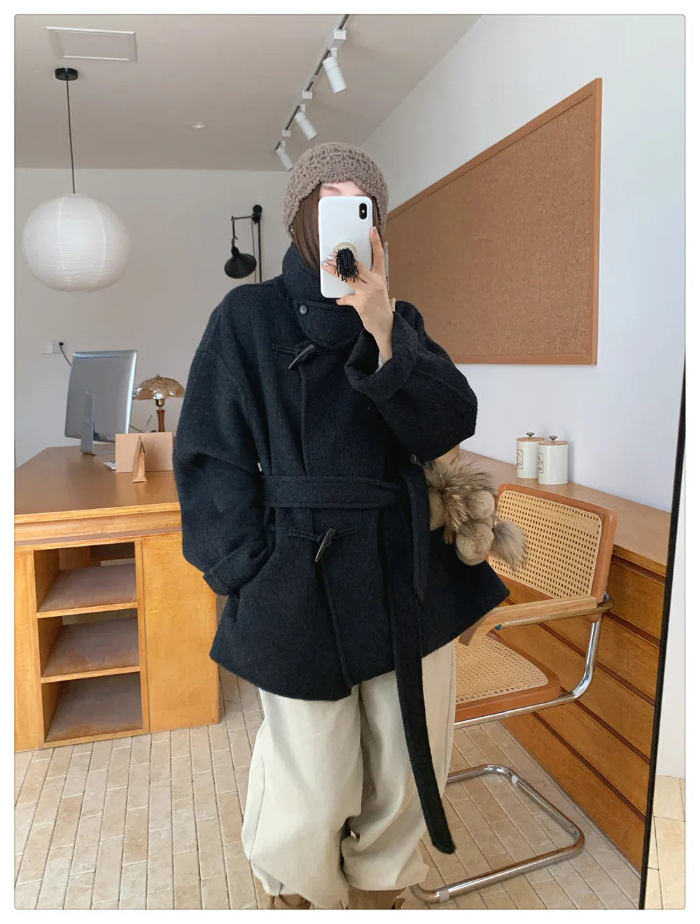 Women Wool Horn-Button Belted Funnel Coat