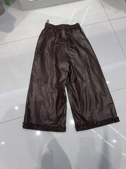 Women Wide Leg Leather Pants High Waisted Nine Point Trousers