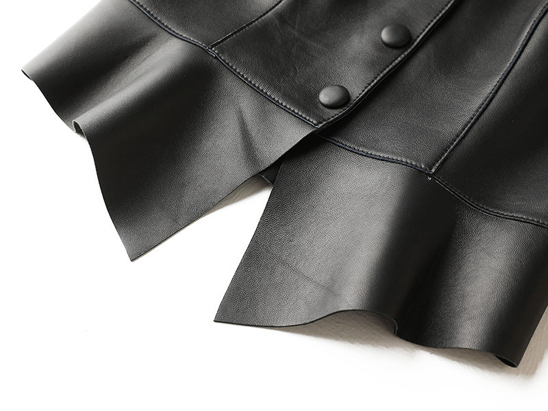 Women Genuine Leather Tube Top Black Bustier with Straps