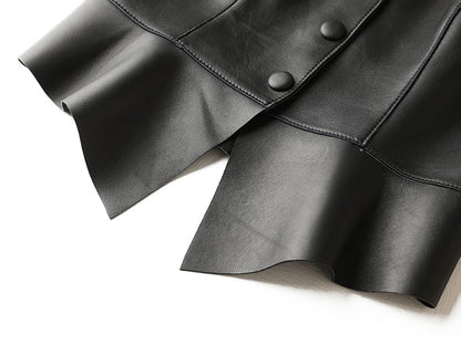 Women Genuine Leather Tube Top Black Bustier with Straps