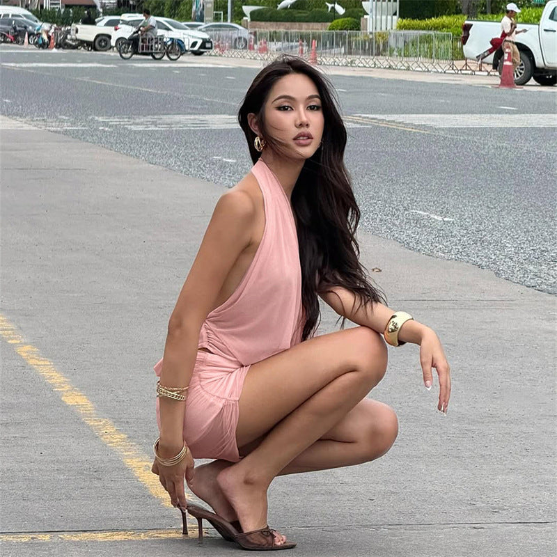 Street Style Deep V Mesh Mini Dress with Ruched Skirt