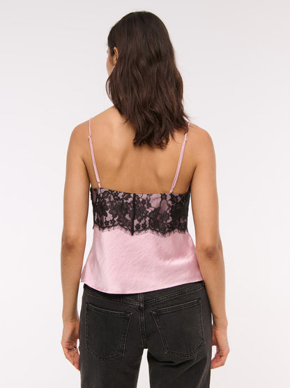 Women’s Lace Satin Spaghetti Strap Tie Front Camisole Top