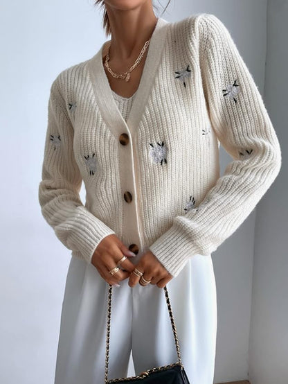 Women’s Knitted Cardigan and Crop Top Set with Embroidery