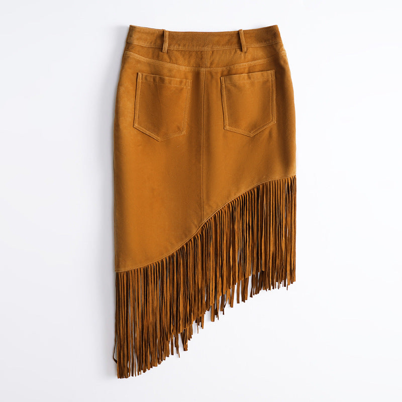 Brown Suede Fringe Leather Skirt Tassel Bodycon