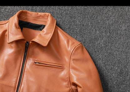 Men's Cowhide Leather Jacket Brown Slim Fit
