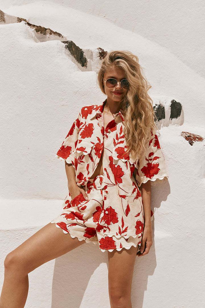 Red floral two piece beach vacation outfit