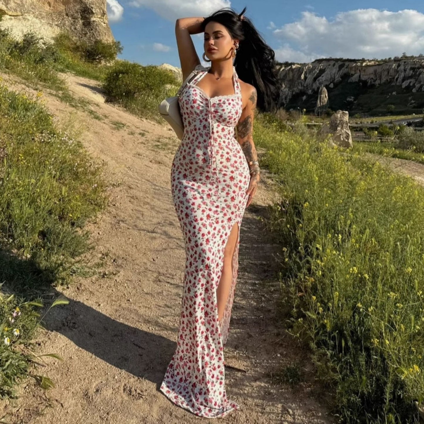 Ruched Side Slit Midi Maxi Dress Boho Summer Floral with Slit