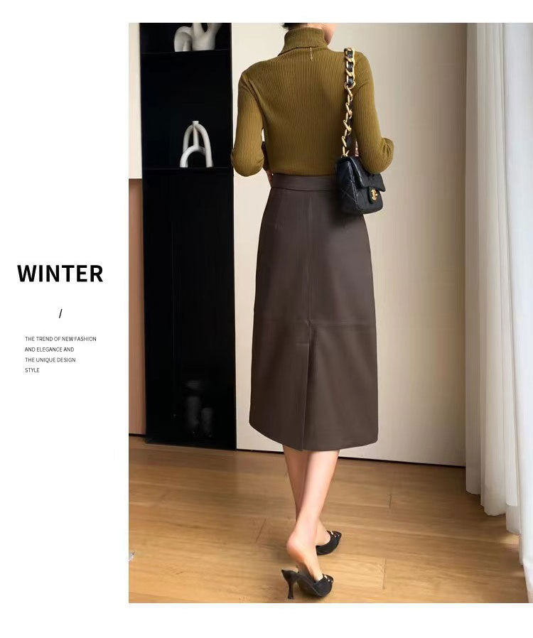 High waisted genuine leather midi skirt