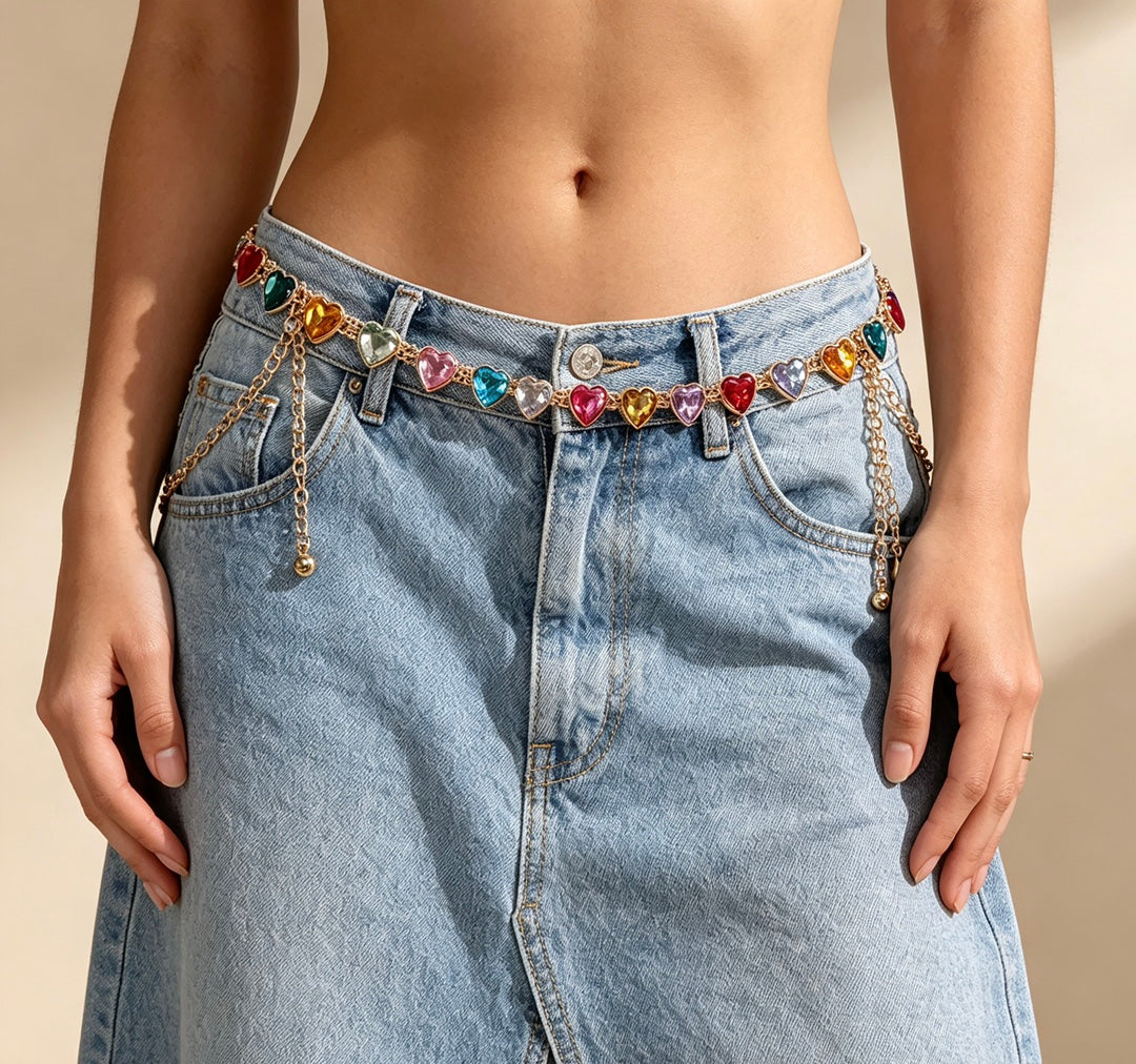 Women’s Multicolor Heart Chain Belt with Gold Tone Links