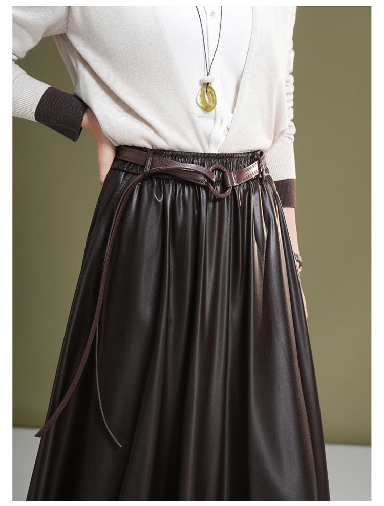 Leather maxi skirt with belt