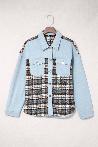 Plaid Patchwork Oversized Denim Shirt Jacket for Women