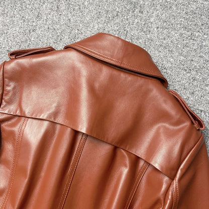 Women Genuine Leather Double Breasted Trench Coat With Belt