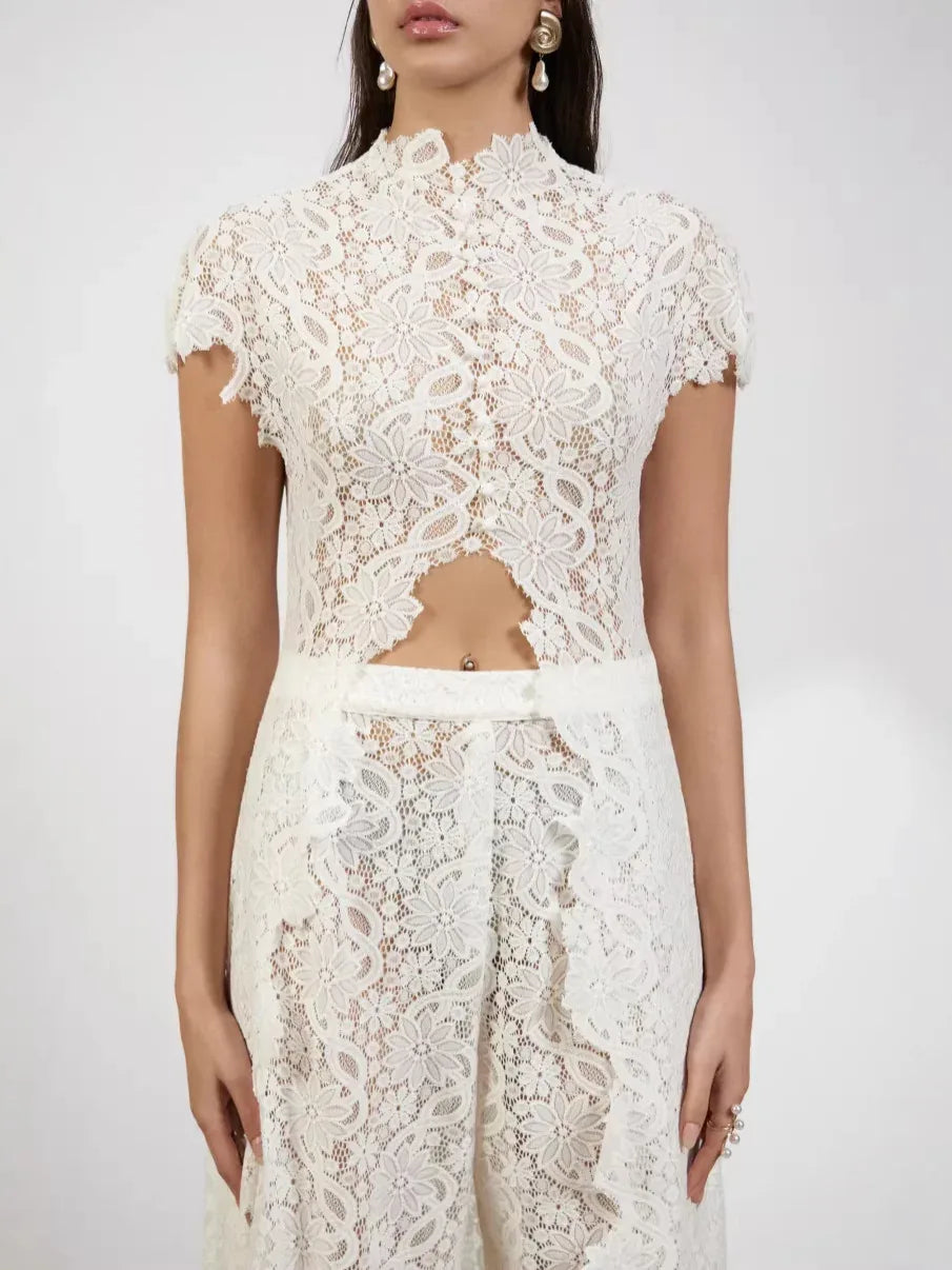 Ivory floral lace straight leg pants set