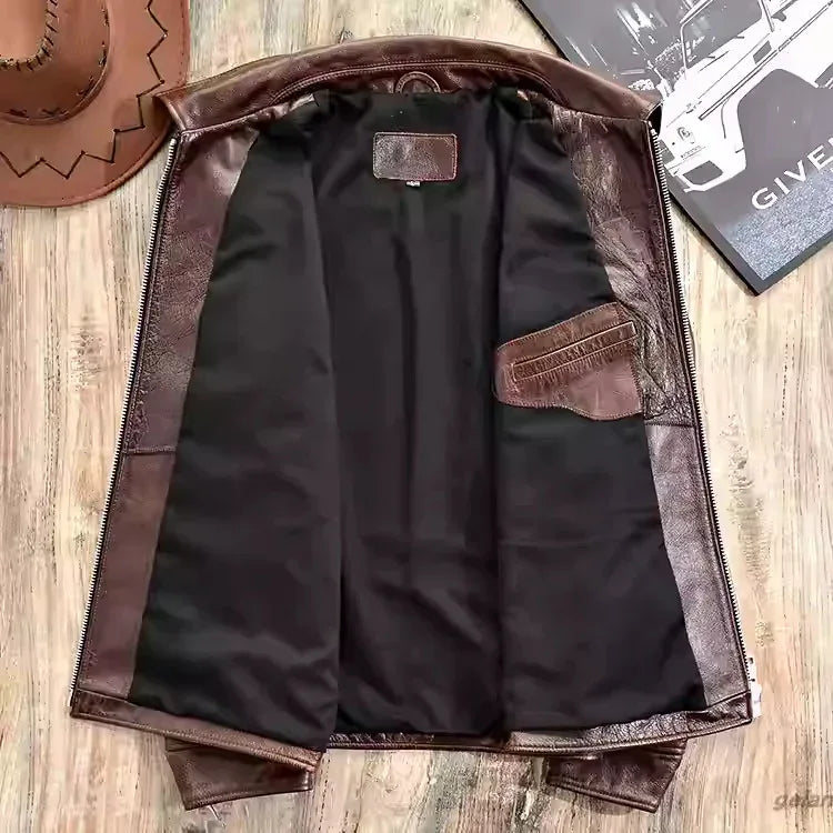 Men’s Retro Waxed Cowhide Leather Jacket