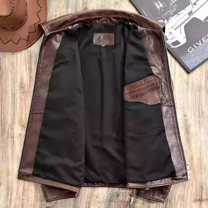Men’s Retro Waxed Cowhide Leather Jacket