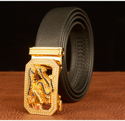 Men’s Cowhide Leather Belt with Rhinestone Dragon Buckle