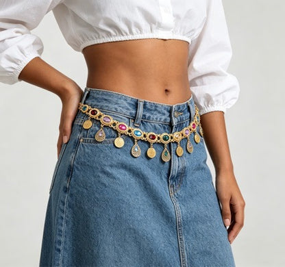 Gold Waist Chain with Multicolor Inlays and Coin Tassels