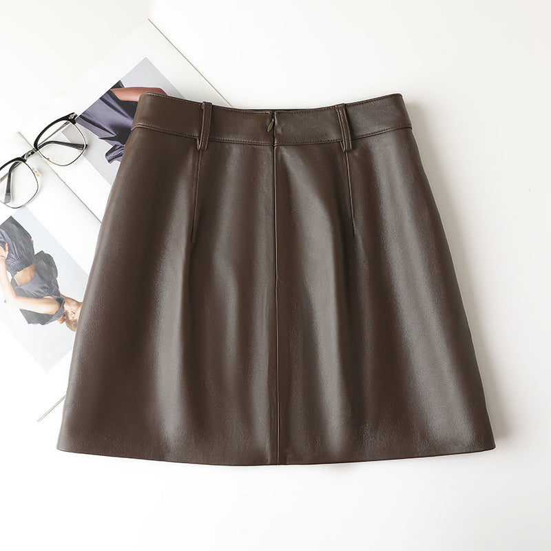 high waisted a-line mini leather skirt with front slit