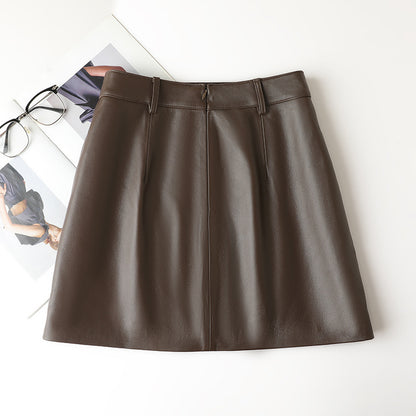 high waisted a-line mini leather skirt with front slit