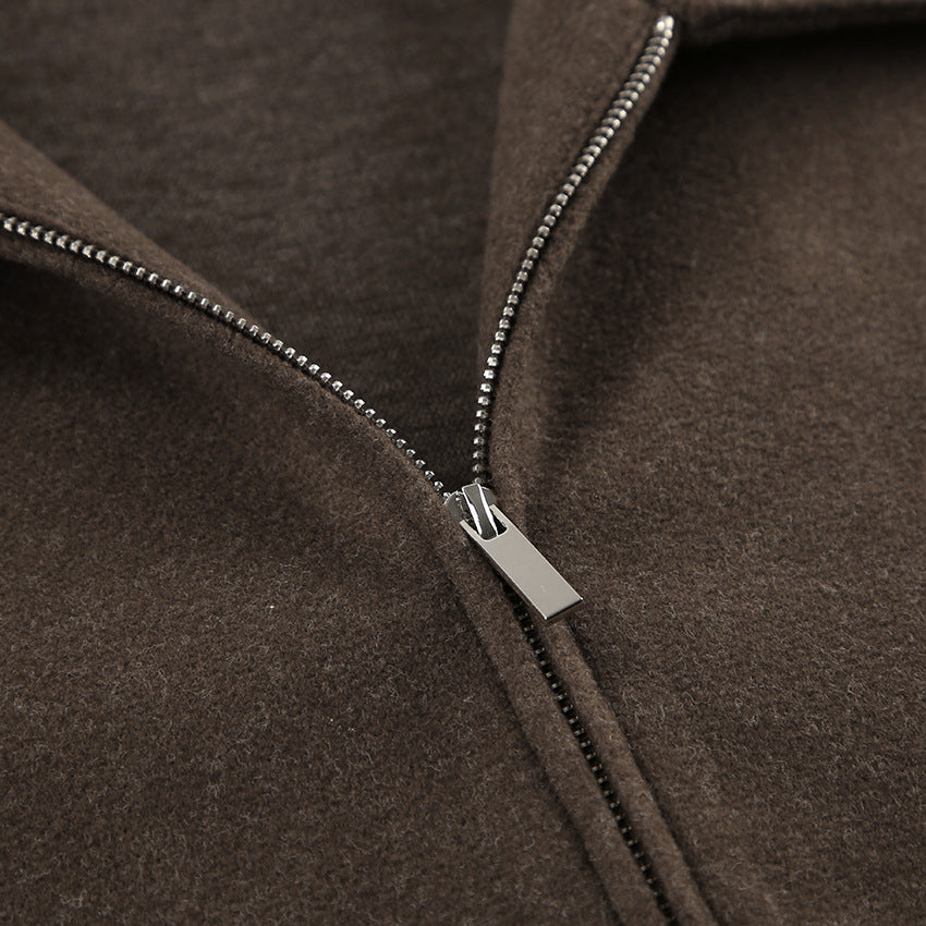 Women Brown Lapel Wool Coat Cropped Loose Fit Zipper Jacket