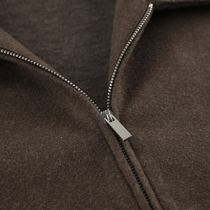 Women Brown Lapel Wool Coat Cropped Loose Fit Zipper Jacket