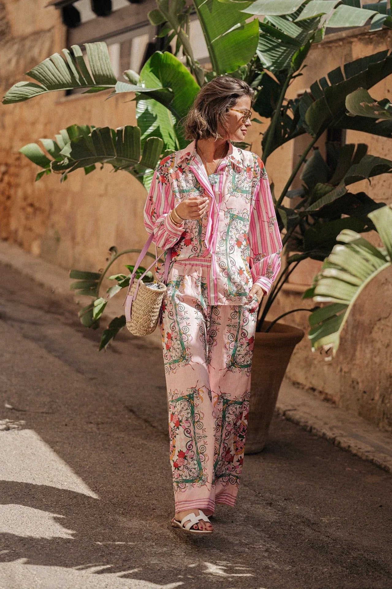 Printed macaron linen long sleeve two piece set
