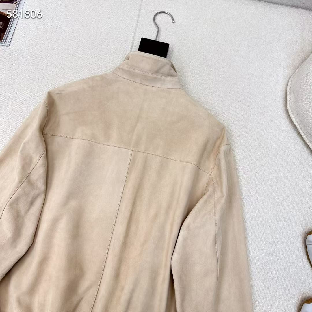 Women Beige Suede Bomber Jacket Real Suede Zip-Up Coat