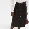 Black PU Leather Midi Pencil Skirt with Buttons and Front Pockets
