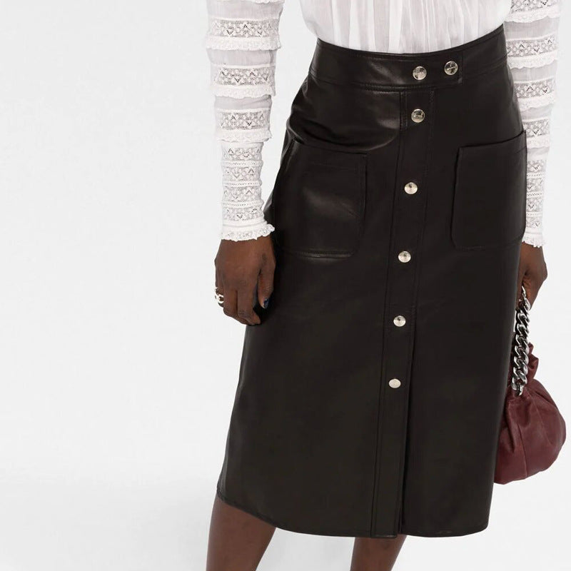 Black PU Leather Midi Pencil Skirt with Buttons and Front Pockets