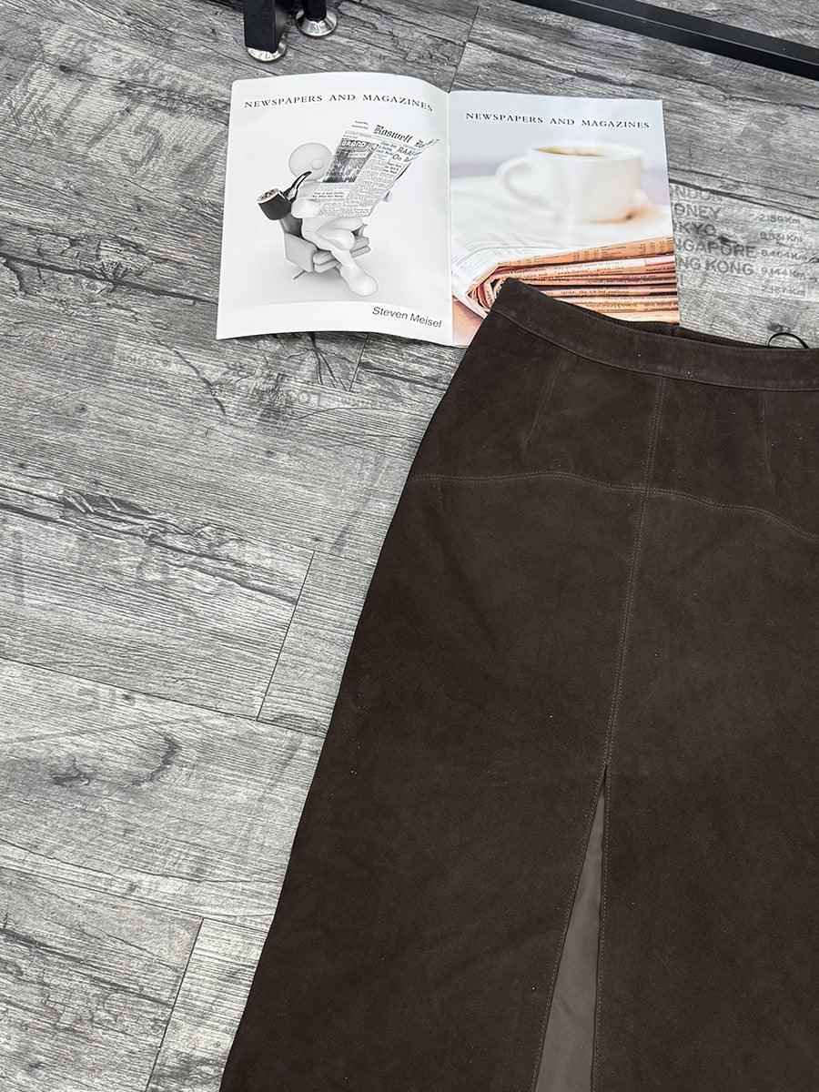 Brown Suede Midi Skirt Women Sheepskin Over-the-Knee Skirt